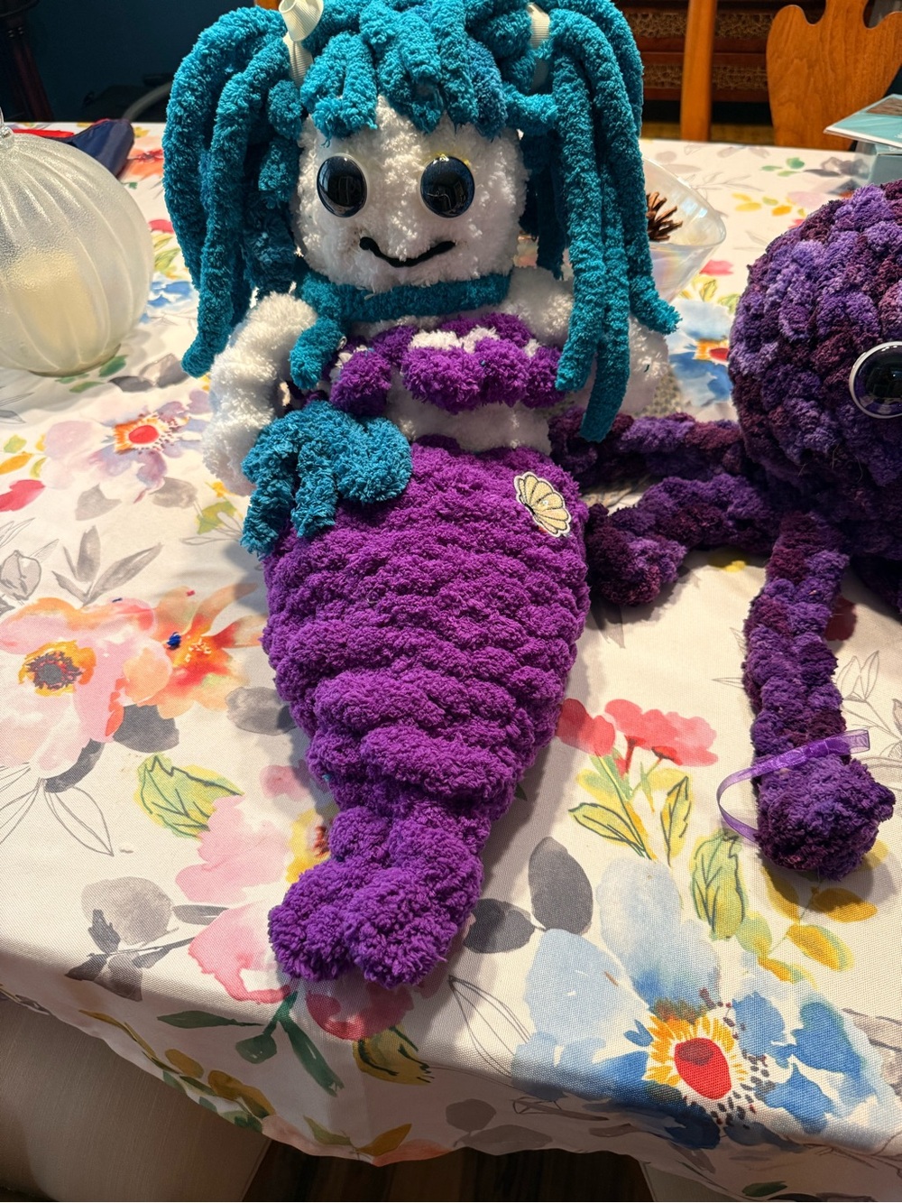 Handmade Plush Mermaid Doll - Teal Hair, Purple Tail